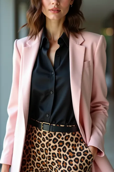  Formal look with leopard animal print pants,black collarless blouse and light pink blazer 