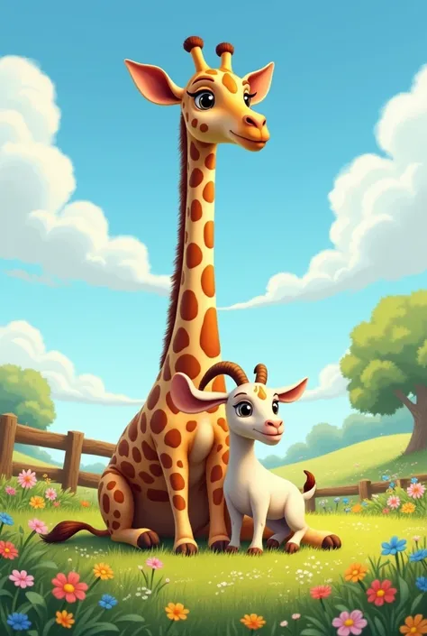 "A picturesque rural scene featuring a giraffe gracefully lowering its long neck to sit beside a playful goat in a sunlit meadow. The giraffe, with its patterned coat and towering elegance, contrasts beautifully with the goats small, sturdy frame and curio...