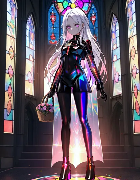 The background is a sunset sunset 、 medieval cityscape with basket、Inside the kaleidoscope、 stained glass background 、Legendary Scenery 、 mythical scenery unfolds、The cathedral shines brightly、red and green contrast 、Path of Light、 Edelgard in black armor,...