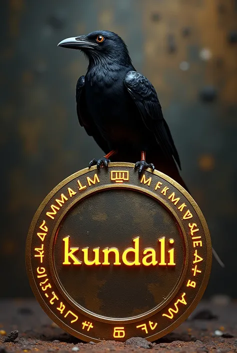 logo inscription: "KUNDALI", A majestic Pharaoh-raven perches atop a high-contrast, gold round emblem featuring the inscription "KUNDALI" in bold, ancient Egyptian-style letters, with intricate, glowing runes adorning the circumference, evoking a sense of ...