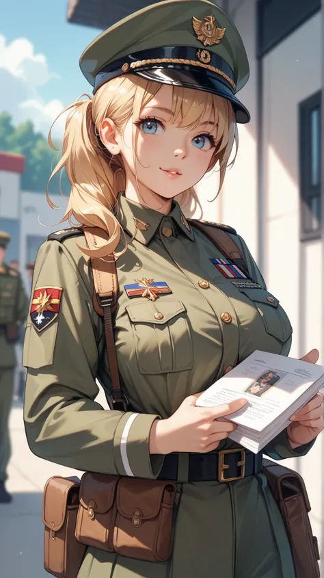 cute busty anime girl in army uniform holding an ak-47