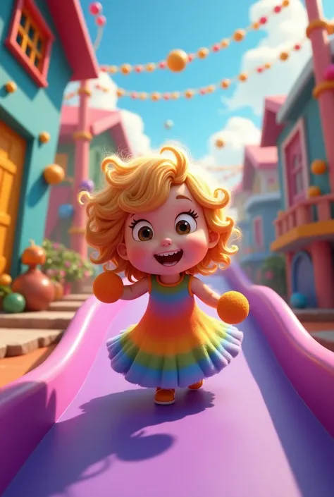 an image with a golden curly girl  playing in a playroom, she slides down the purple slide with 3 small balls in her hands with her eyes open and she wears a rainbow coloured dress