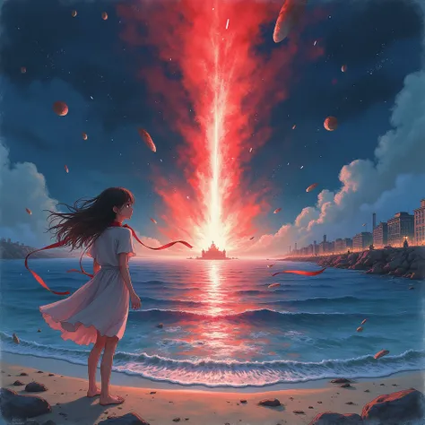 Anime-style watercolor painting, girl, looking up from below, beach, dress, night, falling of a giant meteorite with a ribbon, flying debris, red reflected water splashes, Earth Defense Forces attacking, winter city