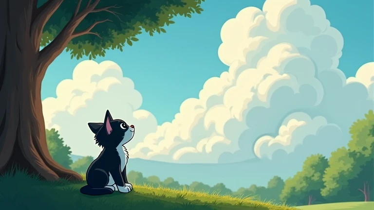 An animated cartoon-style illustration of a black and white kitten sitting under a large tree in a forest. The sky is filled with large, gray clouds, and the kitten looks curiously at the sky. The scene has soft morning light and a calm atmosphere.