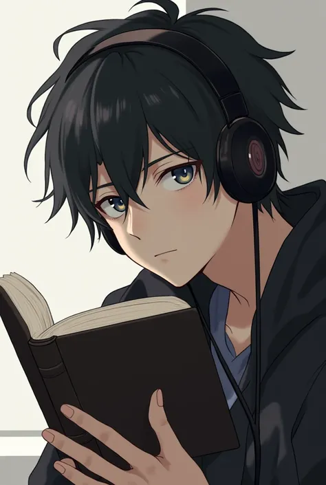 Solo, 1boy, side pose, holding book to face, headphones, glance at viewer, character introduction, Accurate, Best Quality, High Resolution, Detail, Quality, 