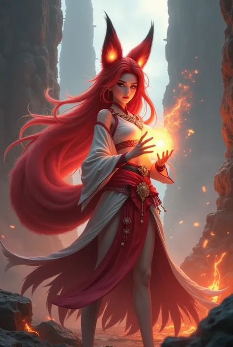 front camera, cinematic, colorfull, Personaje AHRI League of Legends, masterpiece, best quality, IncrsAhri, braid, fox tail, red hairs, multiple tails, korean clothes, skirt, (EnergyVeins:1.4), glowing, energy, Energy ball, STANCE, evil smile,background la...