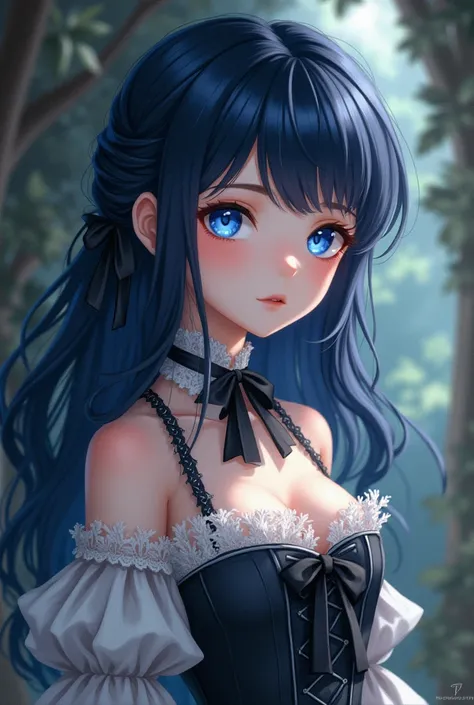 anime girl, dark blue  hair, blue eyes, dress victorian style 