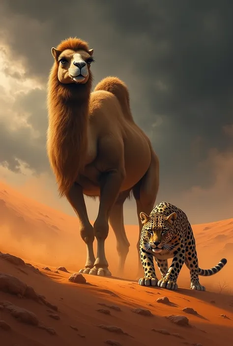 An intense desert scene featuring a camel sitting upright with a stern, imposing expression, while a fierce leopard crouches beside it, ready to pounce. The camels muscular build and sharp gaze convey strength, while the leopards piercing eyes and tensed b...