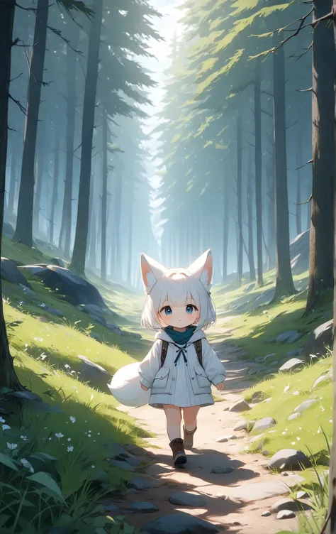 masterpiece， top quality， high definition ，8ｋ，Lonely Traveler，Walking in the Wilderness ，Its a white baby fox，cute,