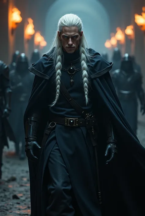  Create a beautiful prince from hell ,  long white hair tied in a half braid,  attractive face , ojos azules claros.  dressed in a black combat outfit, and a dark cape ,  walking down a dark corridor with torches ,  followed by other commanders behind . 