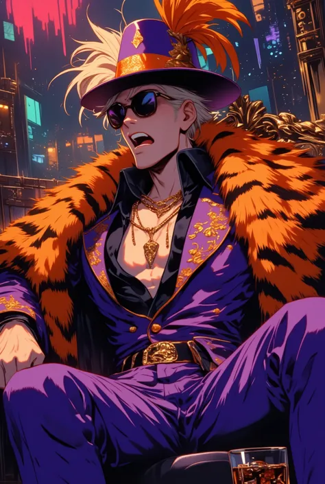 (masterpiece), best quality, 1man, (human Male:1.3), white skin, tall, thin, fit, athletic, (80’s pimp perm hair), pimp hat with orange tiger-stripe feather, pompous, arrogant, sassy, confident, pretentious, (purple pimp suit with orange tiger-stripe detai...