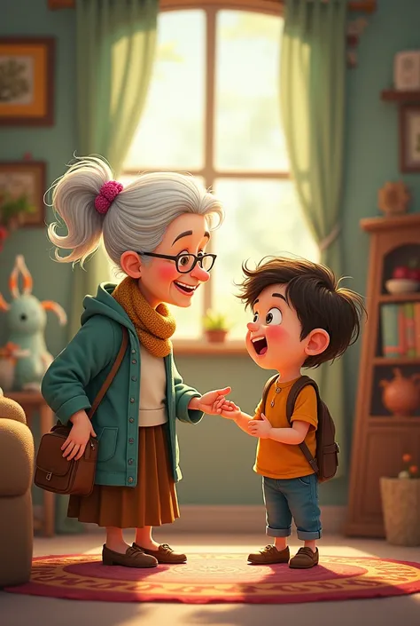 An old woman talking to a boy cartoon style