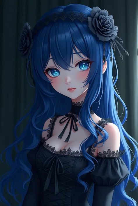 anime girl, dark blue  hair, blue eyes, dress victorian style gothic dress 