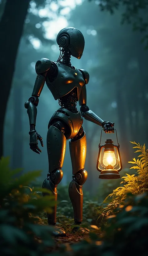 A cinematic and realistic humanoid robot standing in a mysterious forest at night, holding an old-fashioned lantern glowing with warm light. The robot has intricate metallic details and is illuminated by both the lantern and soft moonlight filtering throug...