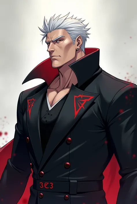 a 35-year-old male hybrid ,  colored with white hair with a large bearing of a serious and determined leader ,  wearing a black trench coat with blood-colored signs. Anime version