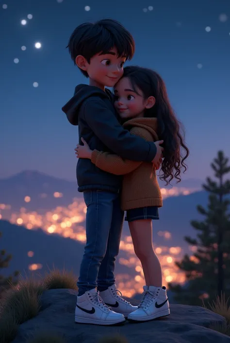  Creates a semi-realistic animated image of a boy and a girl with a height with a difference of 5 centimeters ,  that the boy is the tallest and the girl is smaller 
The boy wears a black jacket and blue jeans and white Nike ankle boots. The girl has long ...