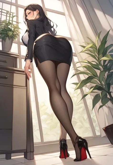 (( top quality))、( finish )、(More Information)  beautiful mature woman with perfect face 、garden、Facing down、 manga-style illustration 、Office Style、 business suit、 black jacket 、White open shirt、 black knee-length pencil skirt 、 black pantyhose、 black hig...