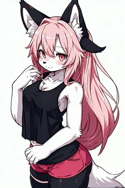  Anime Fantasy Kemono Style ,  Wolf with Beautiful Manes , Dark red fur, Wolf Ears with Black Fur , White Belly ,  Wears a pink tank top and black shorts,  Long Red Tails with Black Tips 