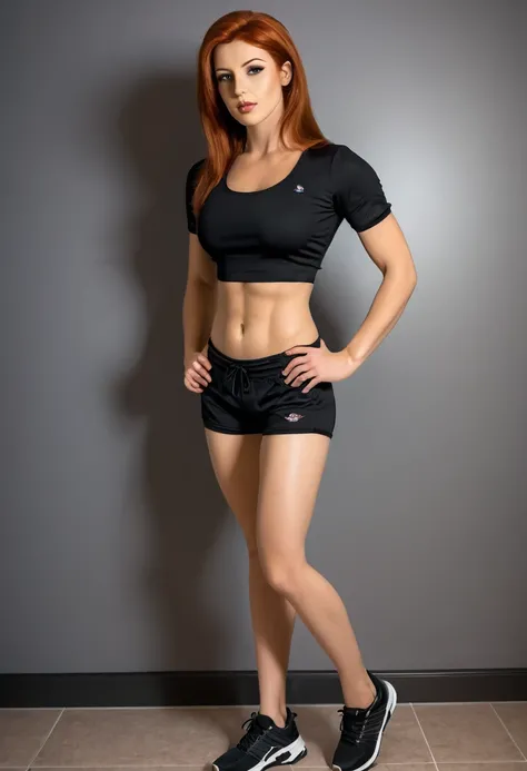 beautiful redhead woman,   completely beautiful , wearing only black gym shorts and a black blouse covering her entire perfect body/muscular body, medium breasts and thick thighs.  Standing in front of her bedroom wall , looking at your body.   with brown ...