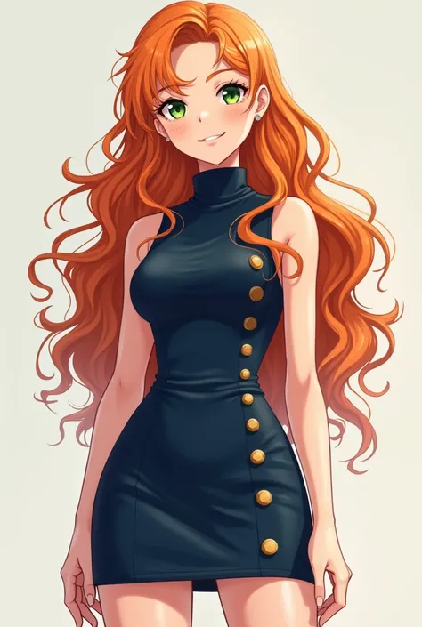 Anime girl around her 20s. Long curly light orange hair. Intense green eyes. Fleckles. About 1,57 tall with small waist and breasts but big butt. Wearing a navy blue mini dress, sleeveless and with turtle neck and golden bottons at the right.