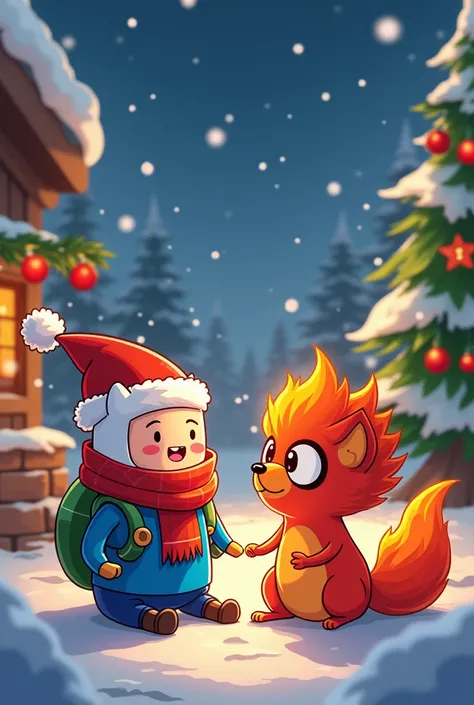 Finn and the Flame Princess in anime style and in Christmas mode.