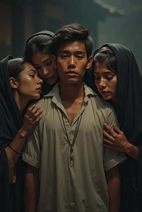  a young man mourns the loss of his father and mother.  a group of women , who have suffered similar losses ,  try to comfort him and express their own pain .