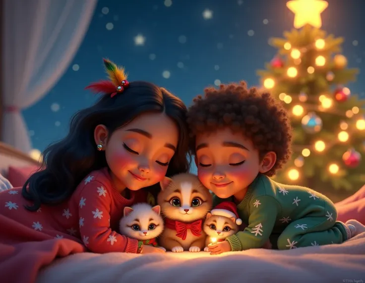 Create a cozy nighttime scene featuring two  ren and their adorable baby pets (three kittens and one Lhasa Apso puppy) snuggled together under a warm, festive blanket. The scene is illuminated by a bright, glowing star in the sky, surrounded by a starry ni...