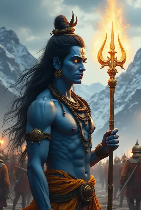 Shiva holding his glowing trident, the weapon radiating a divine golden and white light.
The light from the trident spreads across the battlefield, creating a pause in the battle as the soldiers look around in awe.
Close-up of Shiva’s calm, knowing express...