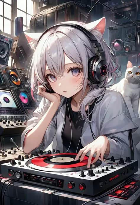 (  Masterpiece  ,  top quality: 1.2),cat，DJ, headphones ，fantasy,radio（（A masterpiece full of fantastic elements）））， （（ top quality））， （（ complex details））（8k）