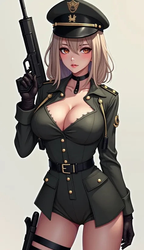 cute busty anime girl in army uniform holding a desert eagle(pistol)