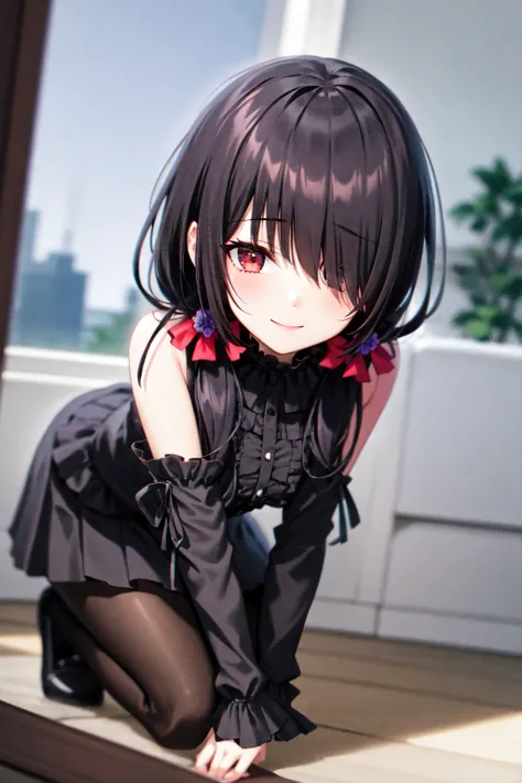 1girl, solo, kneeling, seiza, cckurumi, long hair, low twintails, hair flower, hair over one eye, hair bow, gothic, black dress, ribbon, pantyhose, slippers, sitting, smile, looking at viewer, leaning forward, indoors, living room, television, window, plan...