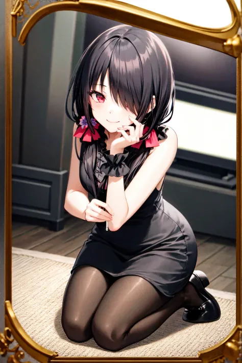 1girl, solo, kneeling, seiza, cckurumi, long hair, low twintails, hair flower, hair over one eye, hair bow, gothic, black dress, ribbon, pantyhose, slippers, sitting, smile, looking at viewer, leaning forward, indoors, living room, television, window, plan...