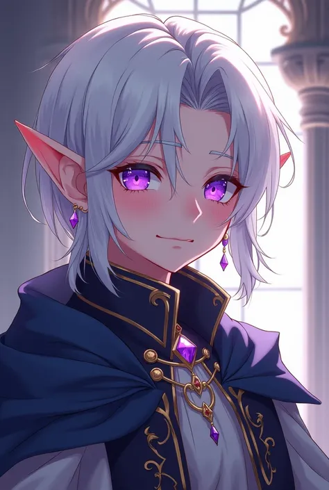 make a cute boy, with very white skin, purple eyes, elf ears with some earrings, stylish but medieval clothes, medium long hair white, anime style Rpg