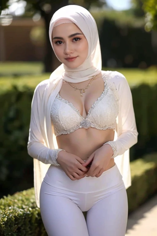 Very realistic,  young beautiful muslim girl wearing hijab ,  nude,  nudeกาย, (openly, Extend your chest), , luxurious necklace , White skin, Beautiful Photo , เอฟเฟกต์Bokeh,  looking at the camera , ((cute:1.2)), (( masterpieces :1.1)), ((Bokeh:1.2)), (Se...