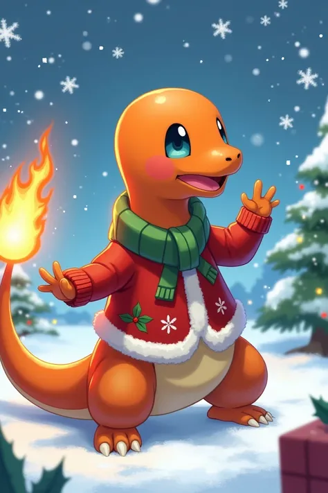 I want a Christmas charmander full art style and I want the image to serve as a PC wallpaper