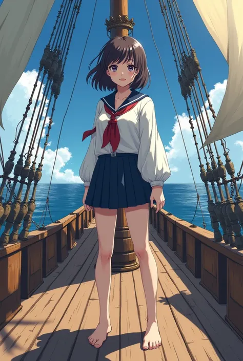 Japanese high school girl wearing a seifuku barefoot on pirate ship as a pirate 