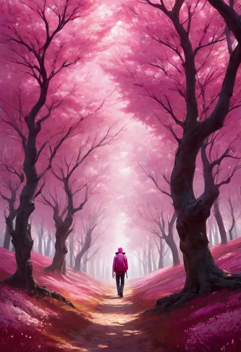 a solitary traveler walking through a beautiful pink spring forest, detailed face, detailed clothing, full body portrait, highly detailed, photorealistic, 8k, masterpiece, vivid colors, natural lighting, serene landscape, wide angle, tranquil atmosphere, p...