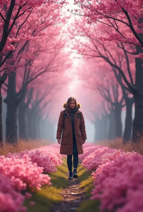 a solitary traveler walking through a beautiful pink spring forest, detailed face, detailed clothing, full body portrait, highly detailed, photorealistic, 8k, masterpiece, vivid colors, natural lighting, serene landscape, wide angle, tranquil atmosphere, p...