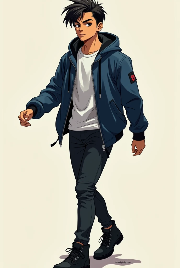  A teenager  (man)  gait, moreno,  manga cover wearing a dark blue jacket, with black pants and black boot and Latino .

anime 