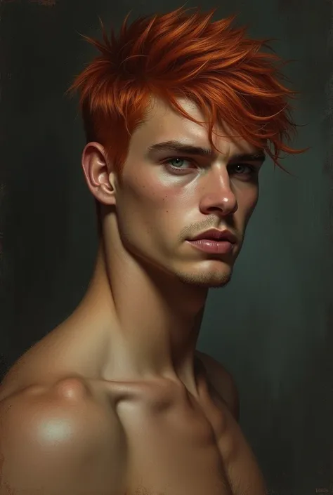 Drawing: young man, red hair, half-length, without beard, tanned skin, dark and werewolf.