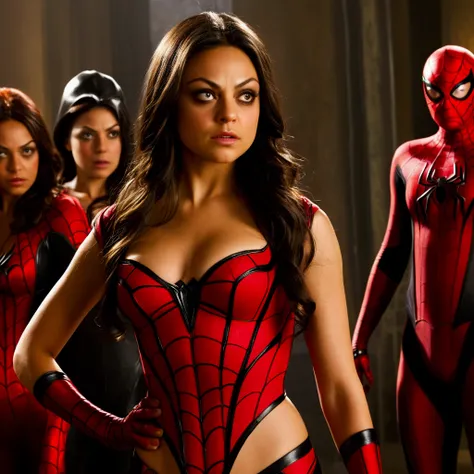 (multiple women each one unique) Actress Mila Kunis, (role of spider woman, age 25, sexy very revealing costume, amazing eyes), she swings in to save the day but cannot stop playing with the damsel in Distresss breasts, awkward situation, villain confused ...