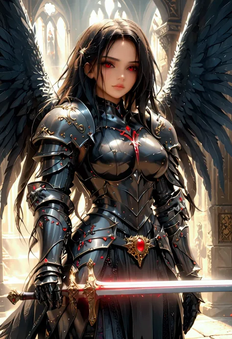 a woman in armor holding a sword and a sword, angel knight gothic girl, villainess has black angel wings, detailed fantasy art, angel knight girl, epic fantasy art style hd, 4k fantasy art, dark armor, stunning armor, hd fantasy art, deathknight, 8k fantas...