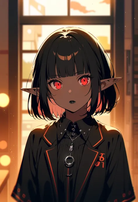 score_9, score_8_up, score_7_up, score_6_up, score_5_up, score_4_up, ((low depth of field)), (detailed background), BREAK, (warm color palette), 1girl, ((dramatic lighting)), (dark skin), red eyes, blunt bangs, long black hair, elf ears, goth, black lipsti...