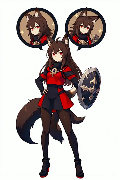    black background with spotlights、kishi-v2(  black and evil   々  shield 、 wear armor ,   brown hairの毛、 red eyes,   1 girl),　  I tried wearing black tights  、   1 girl, in ,   fox girl, In women  ,   fox ears,   animal ears   , Nazuna_Hiwatashi,   brown h...