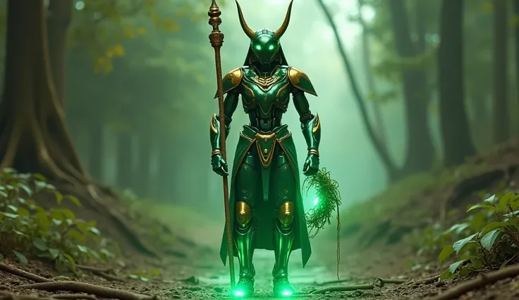  Realistic cinematic visual of a robot Osiris — The Robot God of Resurrection
" A serene robot with emerald armor and gold adornments , representing Osiris .  It carries an energetic staff and mangrove that symbolize leadership and justice .  Your joints s...