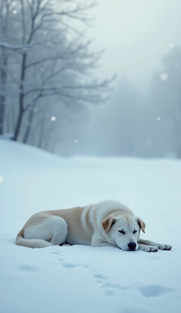 "A symbolic representation of a dog lying in snow, lifeless yet peaceful, surrounded by a serene winter landscape. The setting is quiet and still, with soft snowfall and faint morning light casting a gentle glow. The dog appears to be resting, blending int...