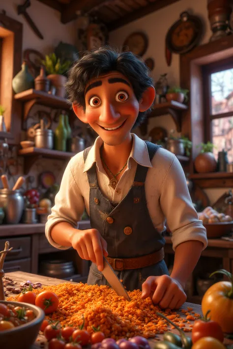 A 20-year-old Mexican man, with short black hair, brown skin, and a slim build, is working as a kitchen assistant in a traditional Mexican restaurant. He wears a white shirt, a clean apron, and simple pants. He is at a workstation chopping vegetables with ...