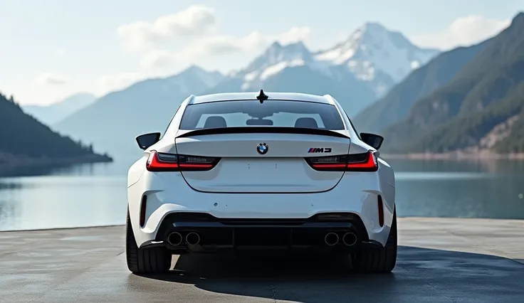 Back view of bmw m3 white with amazing background