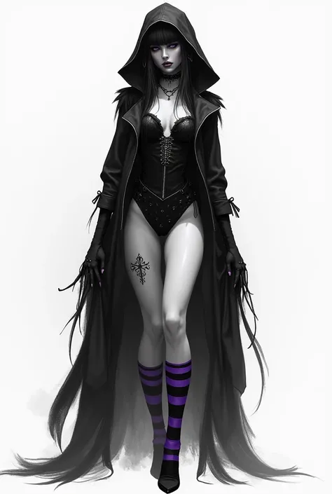 a black and white drawing of a woman in a hoodie, official artwork, gothic girl, rubedo, malicious, beautiful legs, nasty, ultra sexy, main color - black, girl of death, some things purple, striped socks, ultra rendered, unhappy, good young woman, human, s...