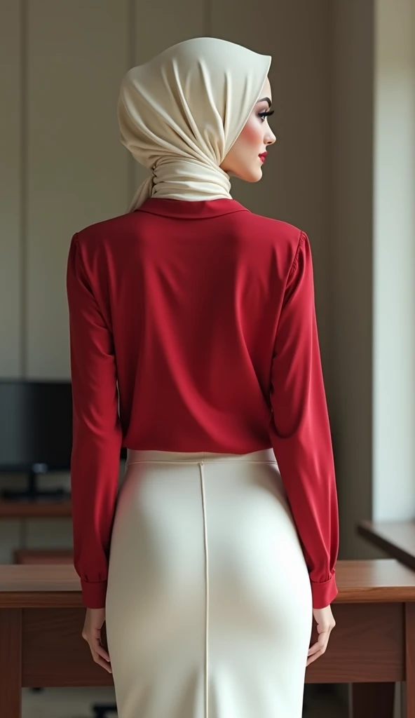 Photorealistic european hijabi woman, 165cm high, ((smooth skin, pale skin)), red lipstick, long eyelashes, full lips, smokey eyeshadow, wide hips, curved ass, ((wearing tight red shirt, tight smooth white long skirt, huge boobs)), cream hijab, excellent l...